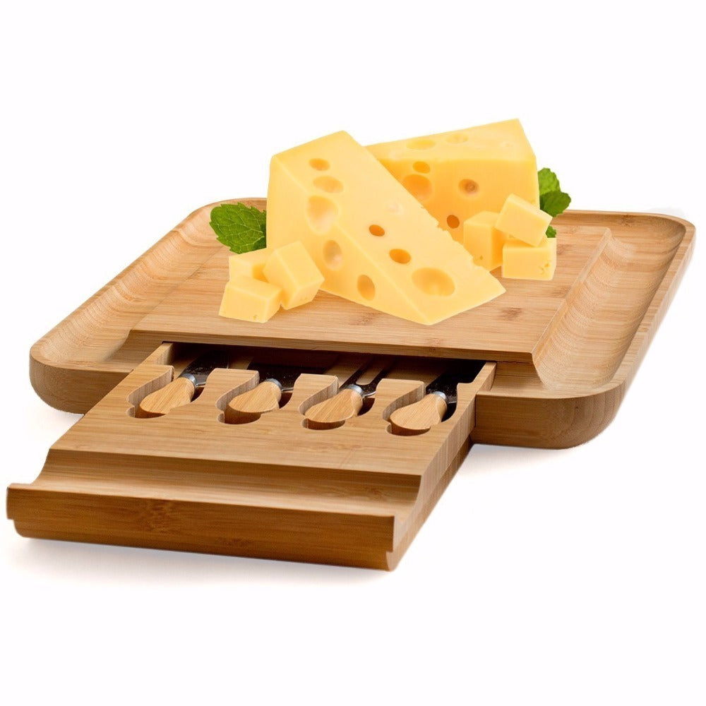 Organic Bamboo Cheese Cutting Board & Knife Gift Set - Serving Tray for Charcuterie Platter