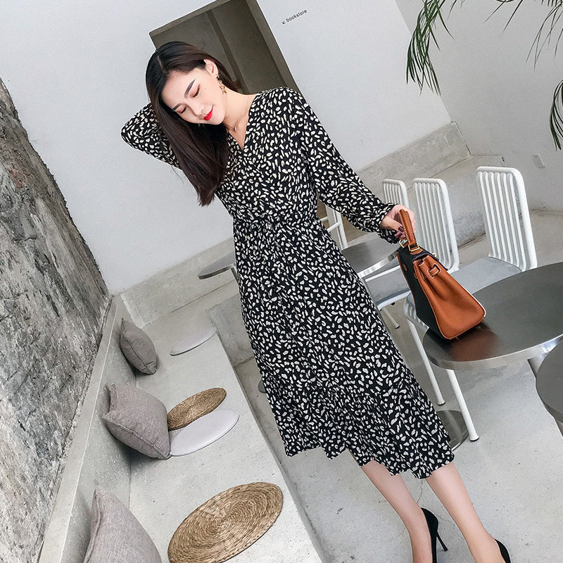 V-neck Print Chiffon Dress