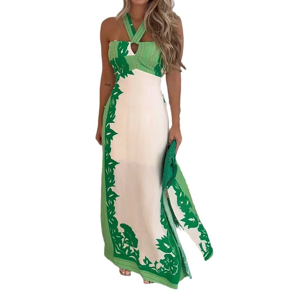 Halter Dew Color Matching Fashion Vacation Beach Length Dress