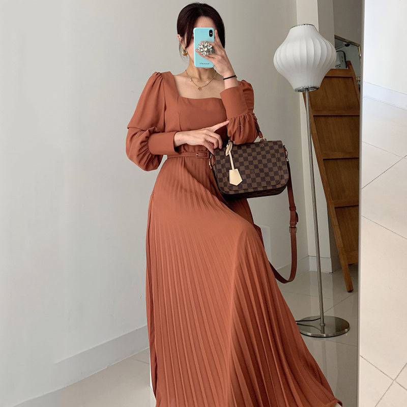 Square Collar Slim Waist Lantern Sleeve Long Pleated Dress