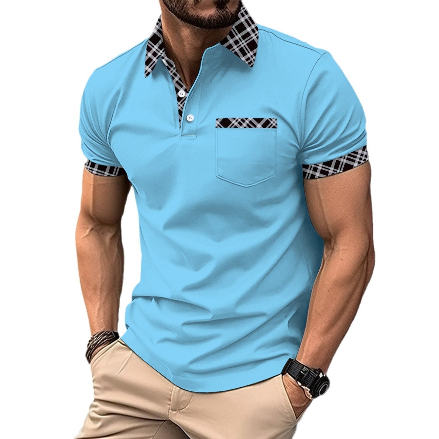 Ins Color Matching Plaid Short Sleeve Sports Polo Shirts