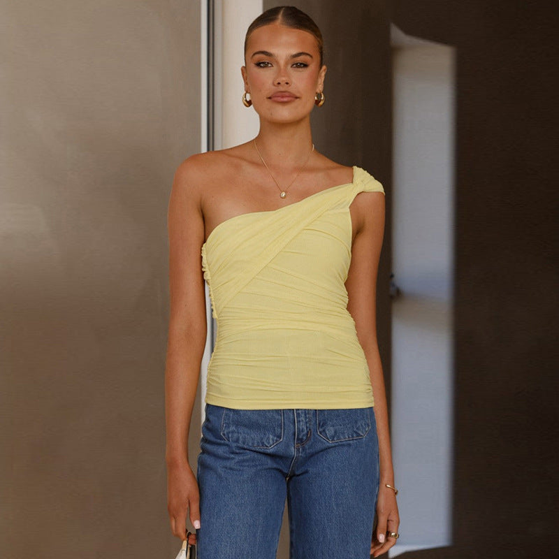 Solid Color Shoulder Tie Mesh Vest T-shirt For Women