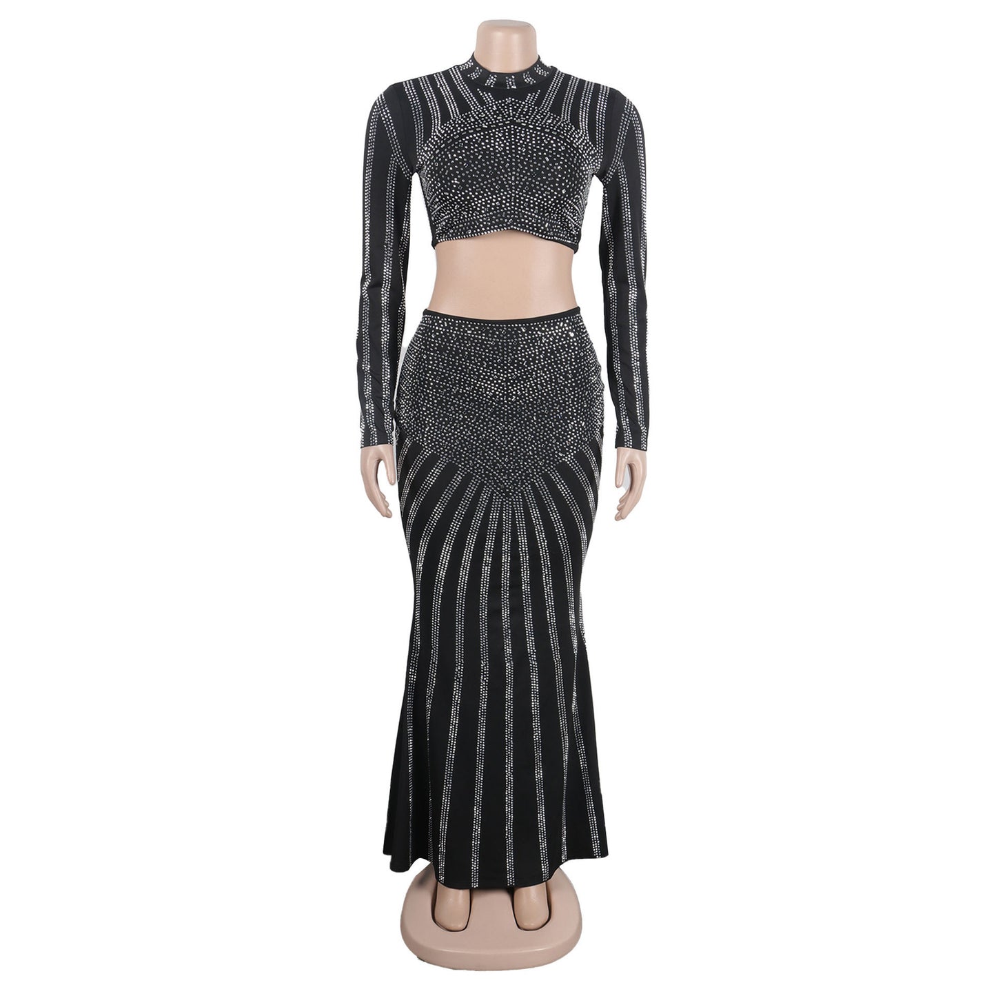 Women's Rhinestone Sheath Tight Stretch Long Sleeve Fishtail Skirt Suit