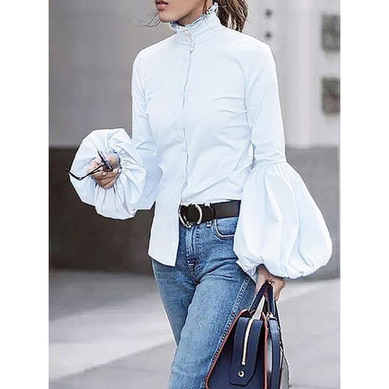 Stand Collar Puffy Sleeve Top Cardigan Long Sleeve Lapel Shirt