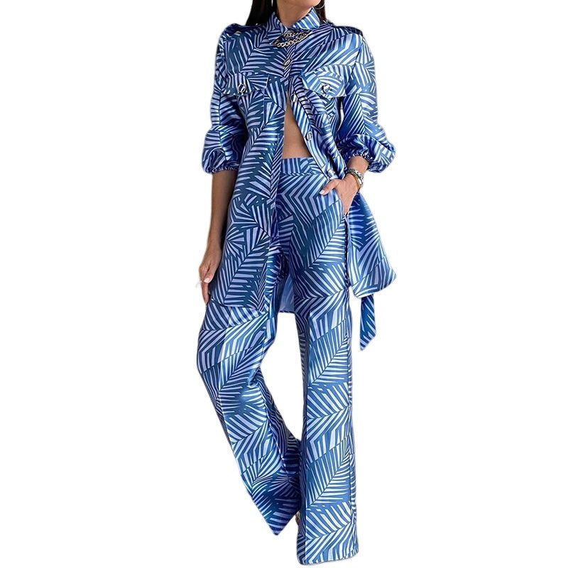 Fashion Women's Printed Long-sleeved Top Straight-leg Trousers Two-piece Set