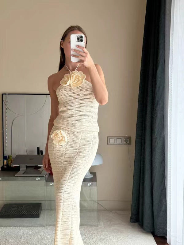 Solid Color Knitted Crochet Swimsuit Blouse Sun-proof Set