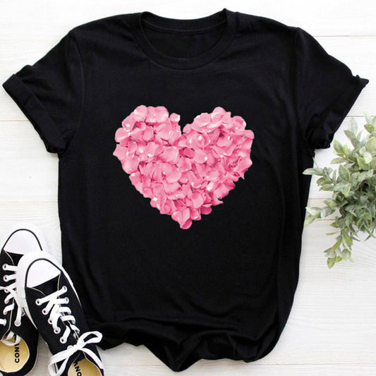 Camiseta rosa con estampado de flores en forma de corazón para mujer, camiseta divertida informal