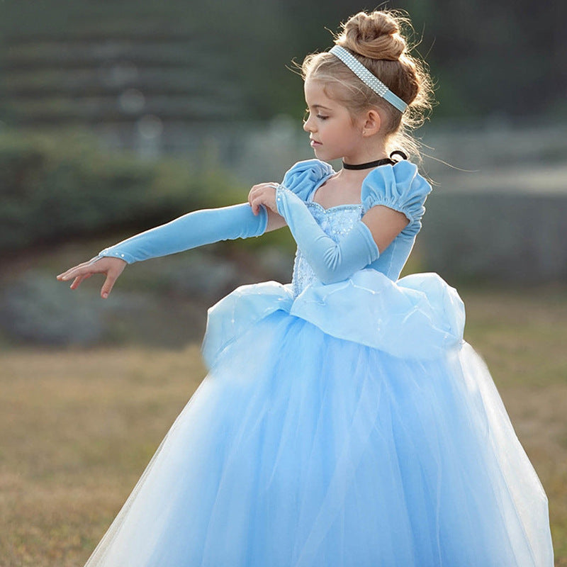 Vestido de princesa Cenicienta con falda de malla azul