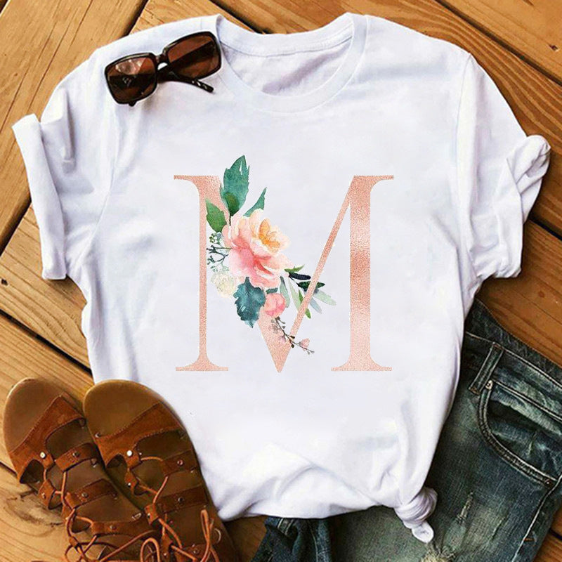 Camiseta informal con estampado de flores y letras INS26 para mujer