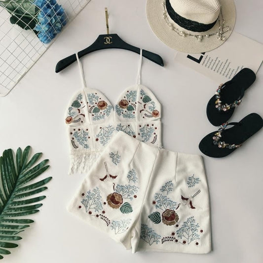 Flower Sling Top + High Aaist Embroidered Shorts two-piece suit