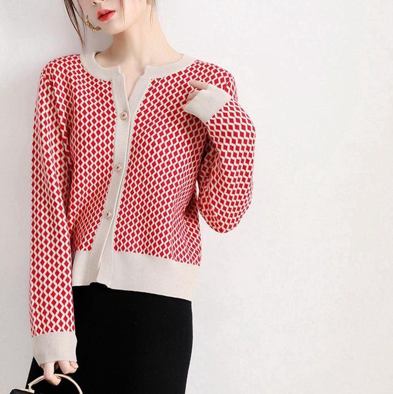 Commuter Loose Small Plaid Knitted Cardigan Coat For Women