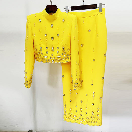 Beads Diamond Inlaid Short Top Long Skirt Suit