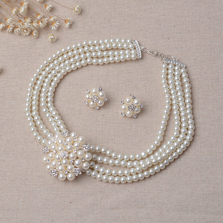 TL060 Bridal Chain, Luxury Pearl, Flower Necklace, Earring Set, Wedding Accessories