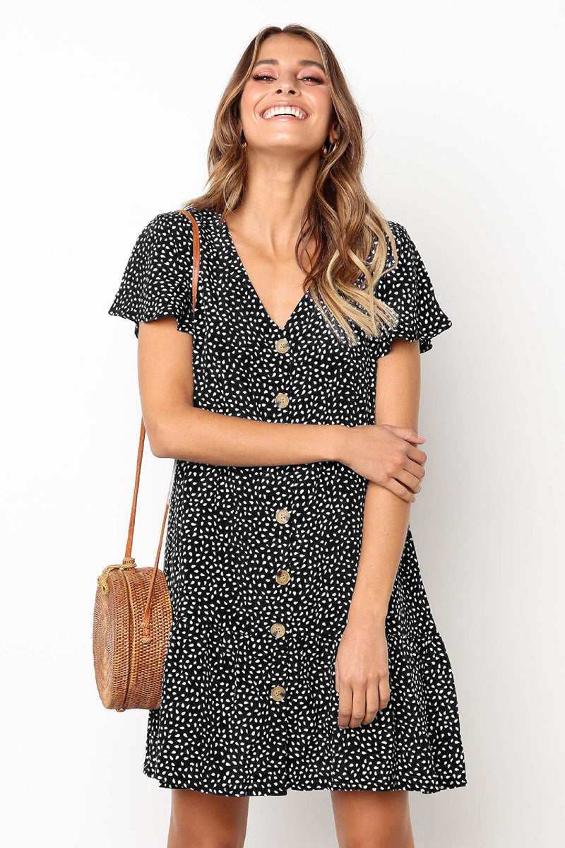 Printed V-neck Button Ruffled Dress