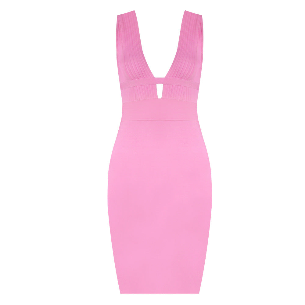 Double necked V deep pink bandage dress