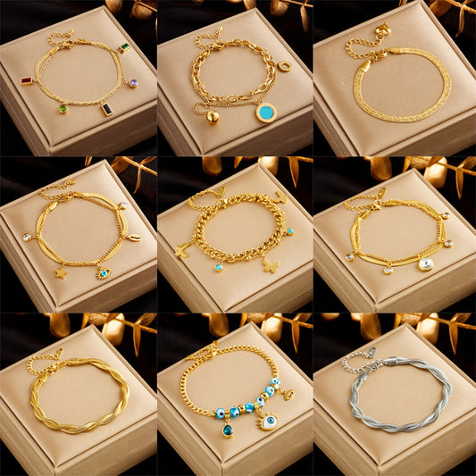 Stainless Steel Gold Plated Punk Fashion Double Layer Bracelet For Women Girl Luxury Jewelry