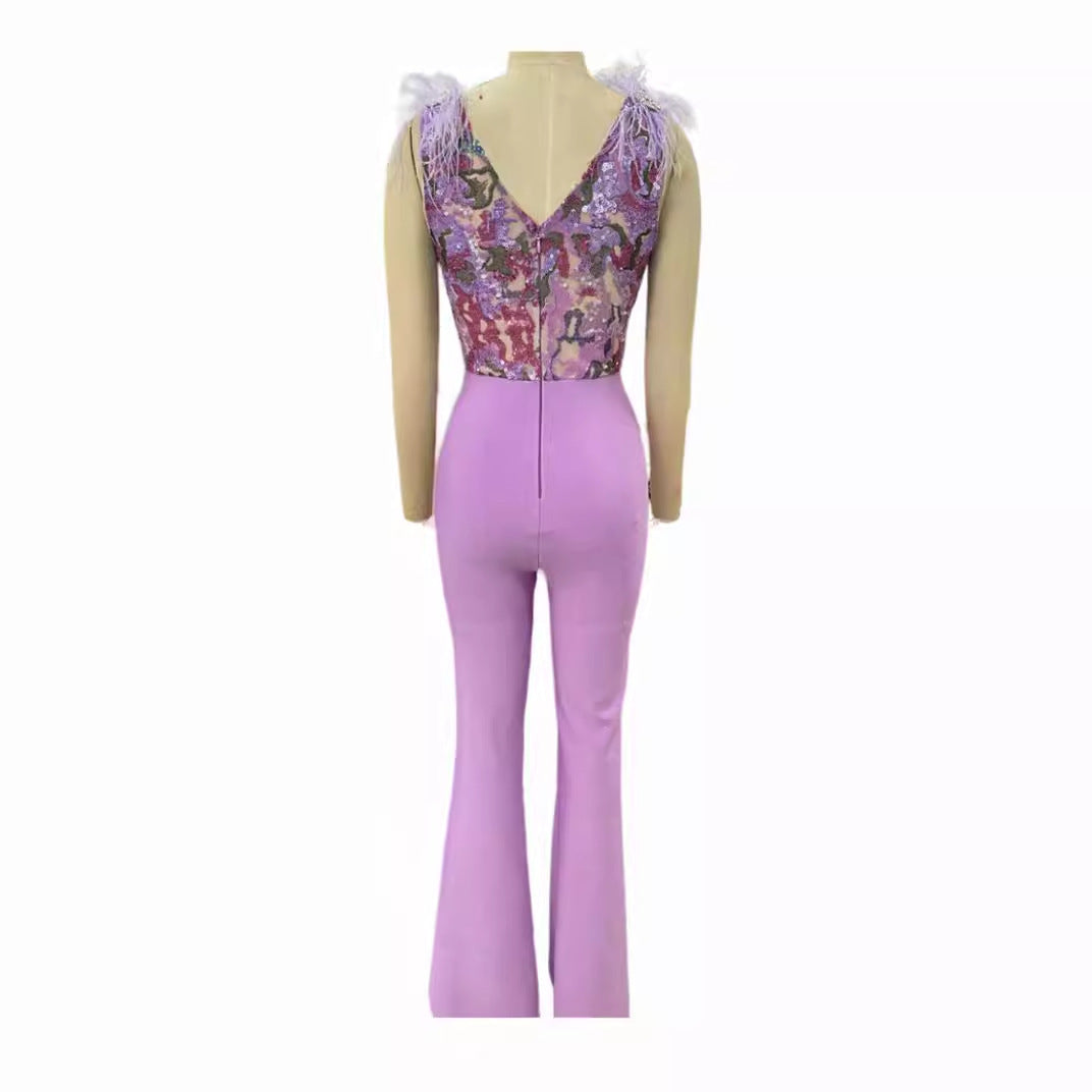 Women's Sequin Embroidered High Waist Jumpsuit