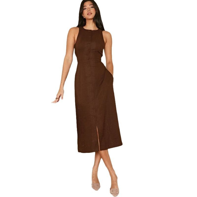 Sleeveless Round Neck Multi-button Strap Casual Dress