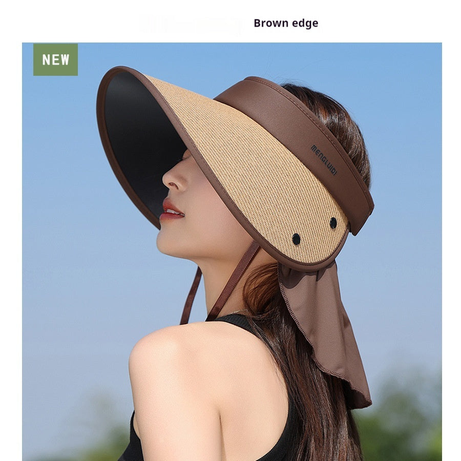 Upgraded Plus-sized Hat Brim Visor Straw Hat UV Protection Ponytail Sun Protection Hat