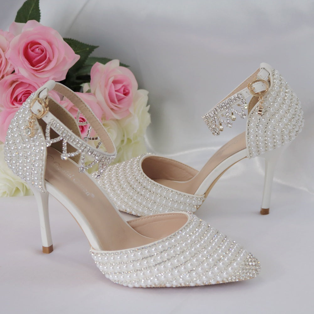 Rhinestone Wrist Strap High-heeled Stiletto Point-toe Performance Shoes