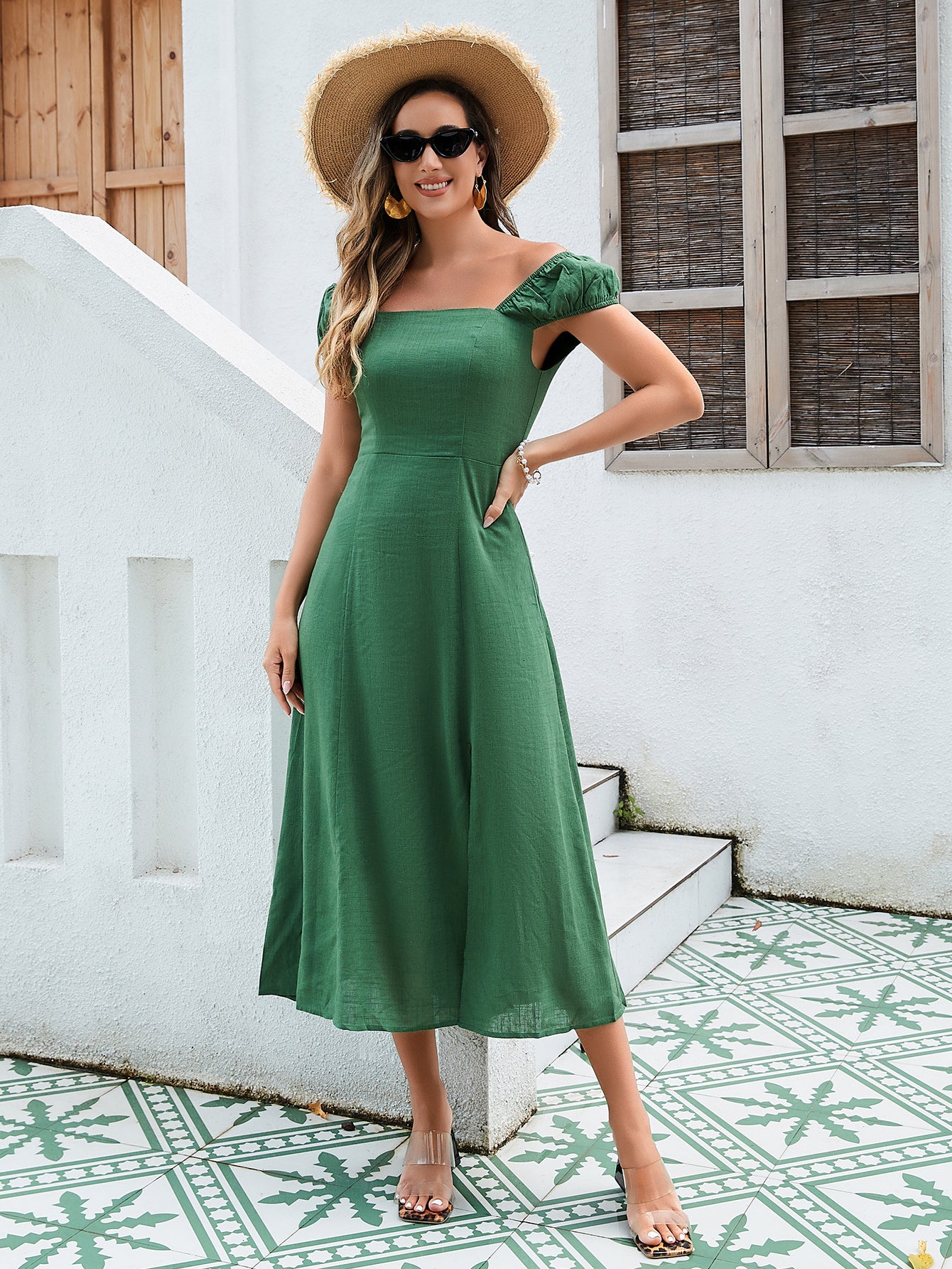 Vestido midi de lino y algodón para mujer: diseño versátil con hombros descubiertos, lazo ajustable en la espalda y dobladillo dividido en amarillo, verde y naranja