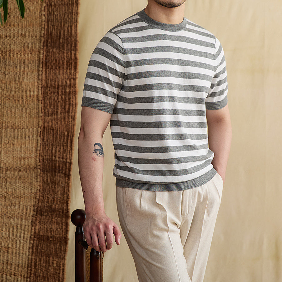 Striped Navy-striped Shirt Breathable Tencel Cotton Round Neck Short Sleeve T-shirt