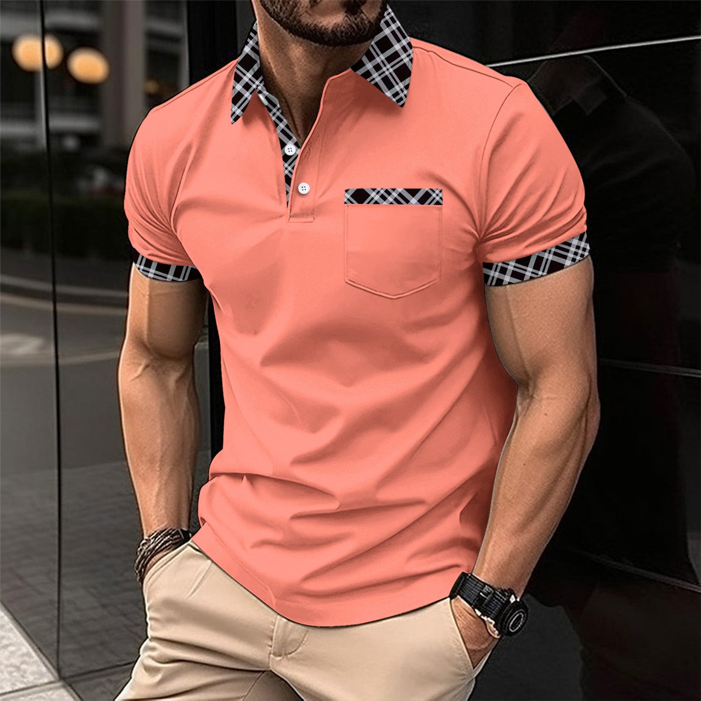 Ins Color Matching Plaid Short Sleeve Sports Polo Shirts