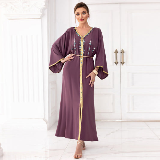 Spinach Root Color Hand-stitched Diamond Dubai Sleeve Dress