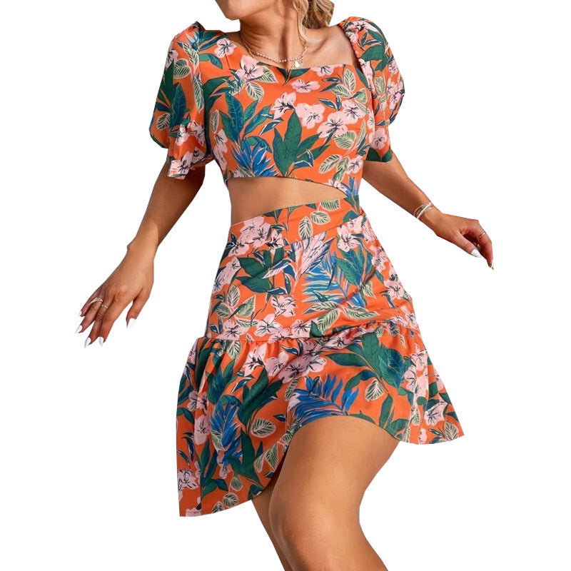 Women's Floral Short Sleeve Dress Two Piece Set