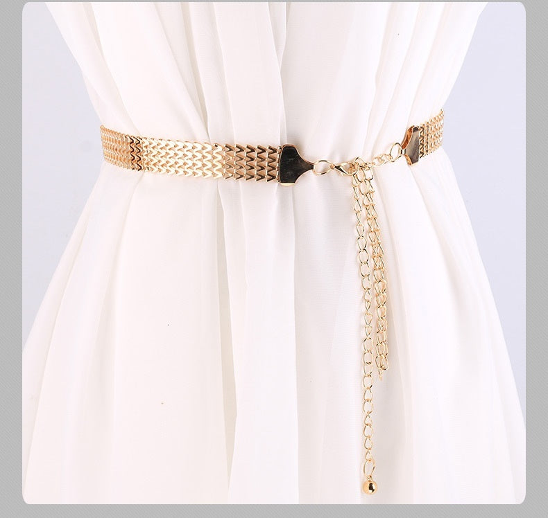 Metal Wave Pattern Woven Belt Women's Waist Chain Simple Dress Belt