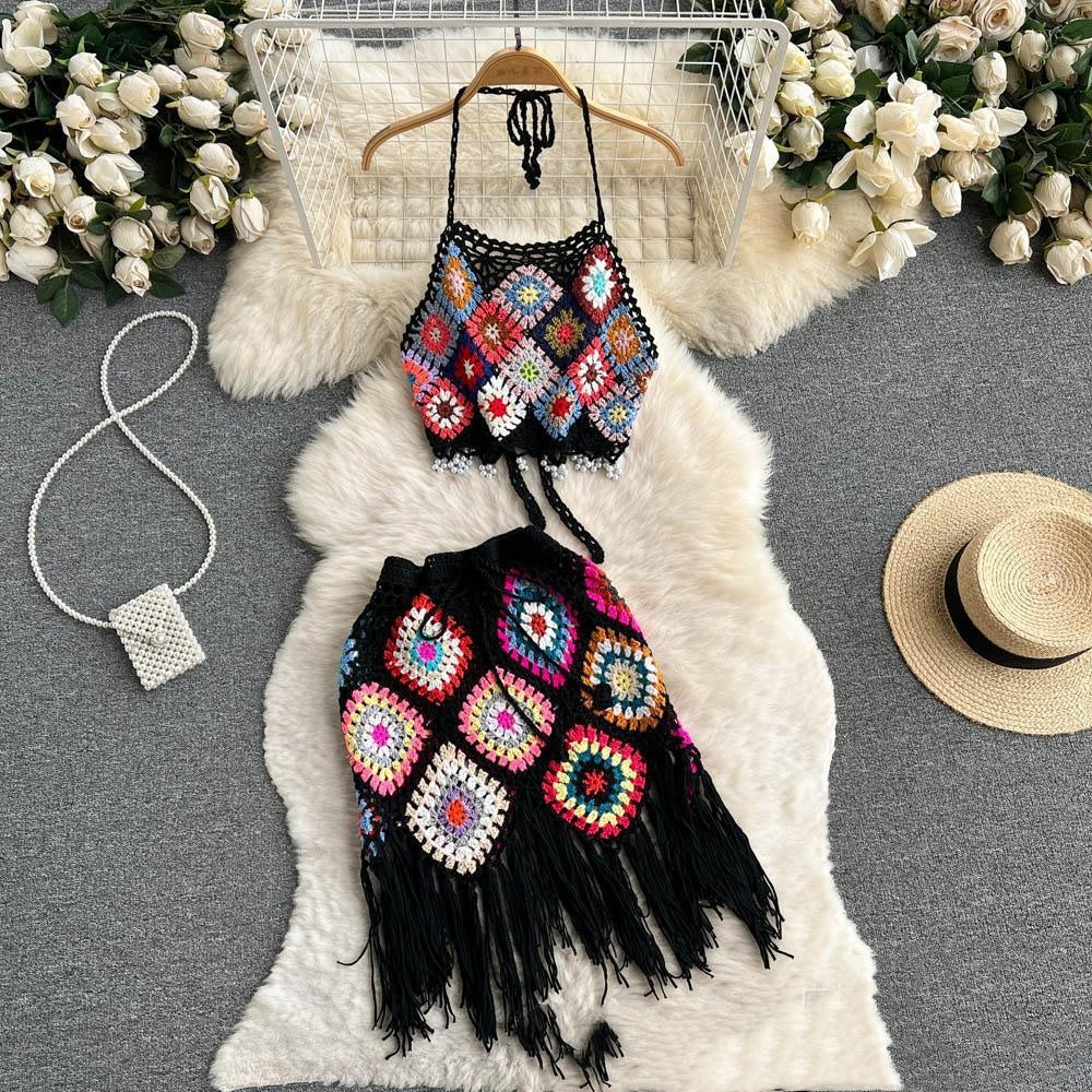 Conjunto de playa de dos piezas con falda corta y top de punto colorido a la moda para mujer