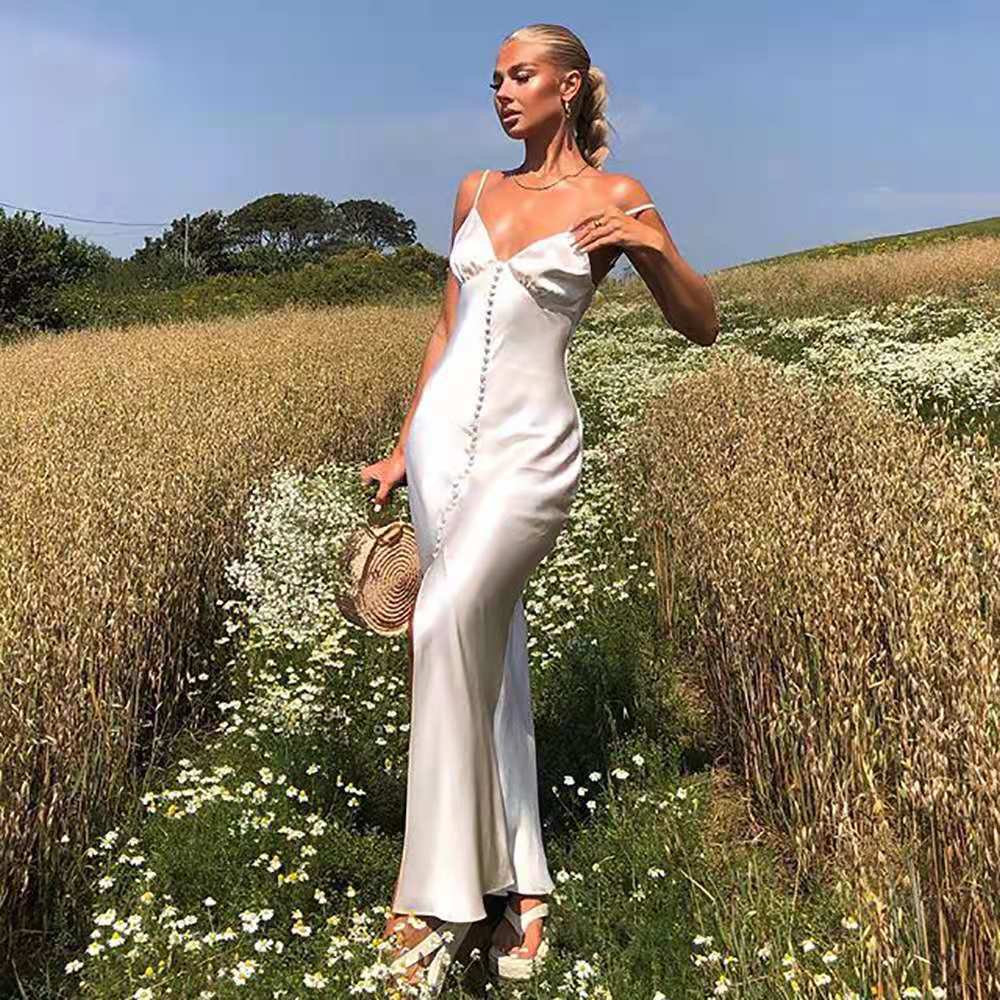 Vestido largo con escote en V y abertura en la espalda de satén para mujer