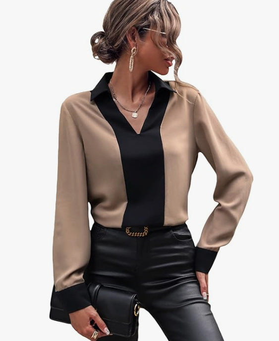 Women's V-neck Fashion Casual Top Long-sleeved Shirt