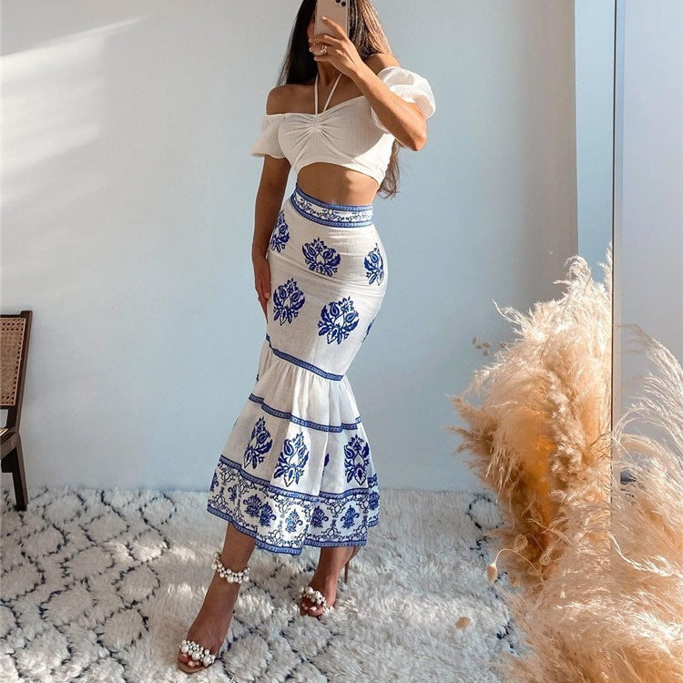 Fashion Ethnic Style High Waist Slim Blue And White Porcelain Printed Midi A-line Skirt Women