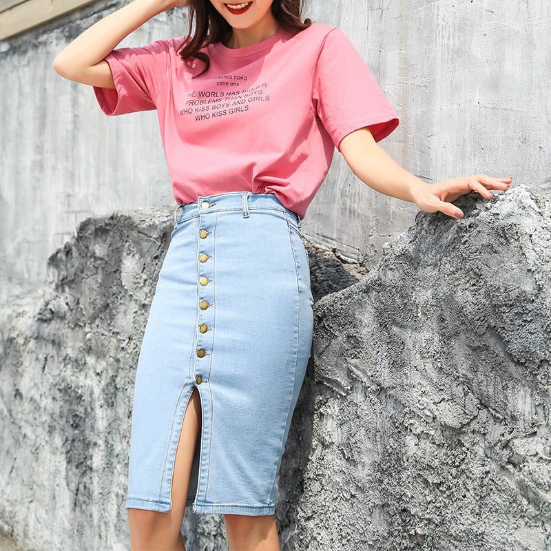 Single-breasted stretch denim skirt