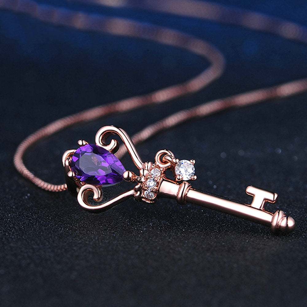 Sterling Silver Crown Key Pendant Necklace, 0.4 Carat Amethyst Gemstone Jewelry, Rose Gold Plated Chain