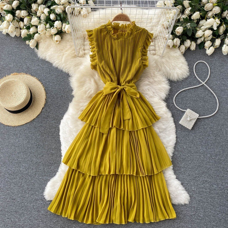 Pleated Wood Ear Collar Lace-up Thin Ruffle Dress