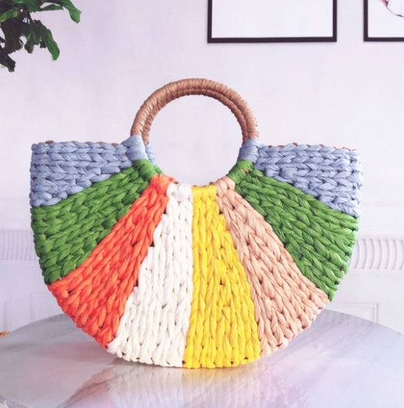 Mixed Color Woven Straw Bag Shell Moon