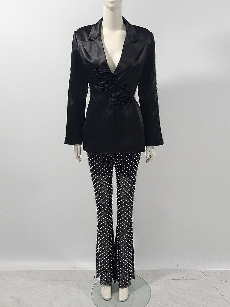 Suit Pearl Sequin Gauze Trousers Suit Dress Two Pieces