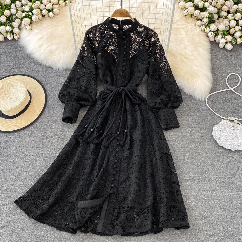 Ladies Vintage Cutout Lantern Long Sleeve Dress