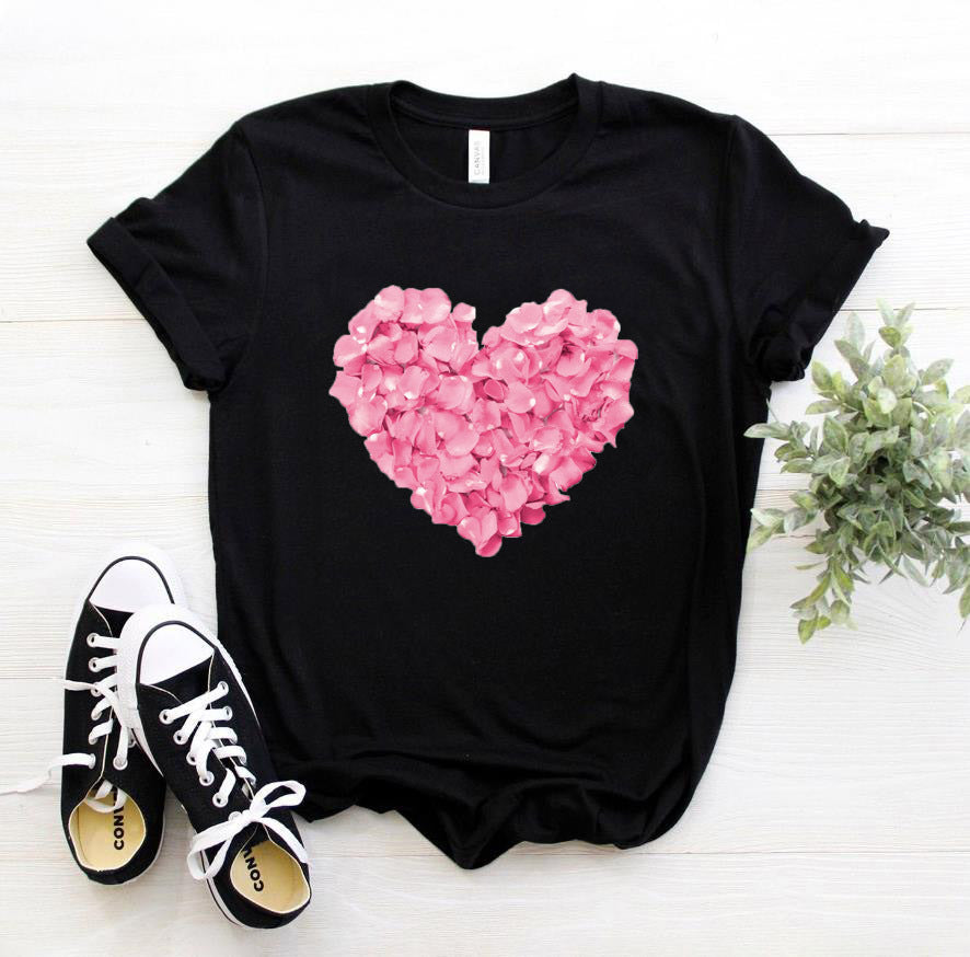 Camiseta rosa con estampado de flores en forma de corazón para mujer, camiseta divertida informal