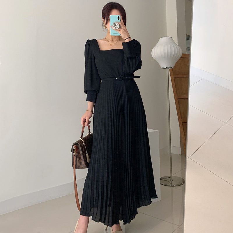 Square Collar Slim Waist Lantern Sleeve Long Pleated Dress