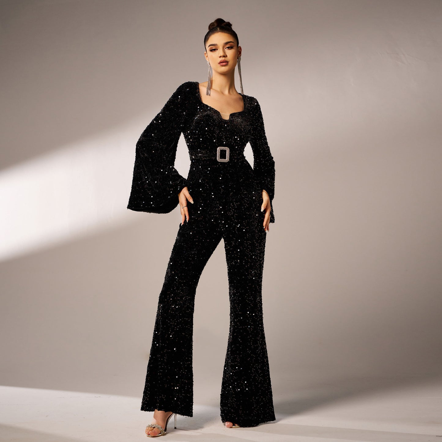 Long Sleeve Square-neck Slim-fit Sheath Banquet Sequined Jumpsuit