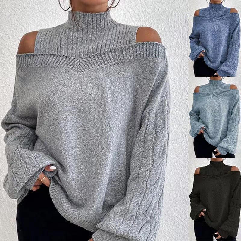 Off-the-shoulder Sweater Women's Pullover Half Turtleneck Autumn And Winter New Lantern Sleeve Sweater