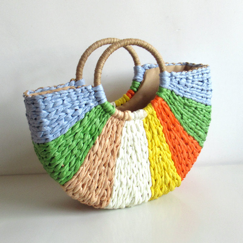 Mixed Color Woven Straw Bag Shell Moon