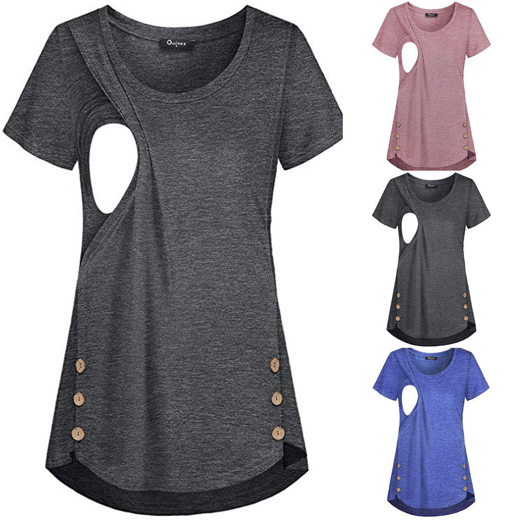 Short-sleeved Round Neck Double Row Buttons