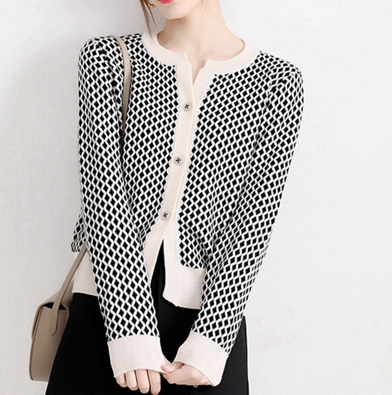 Commuter Loose Small Plaid Knitted Cardigan Coat For Women