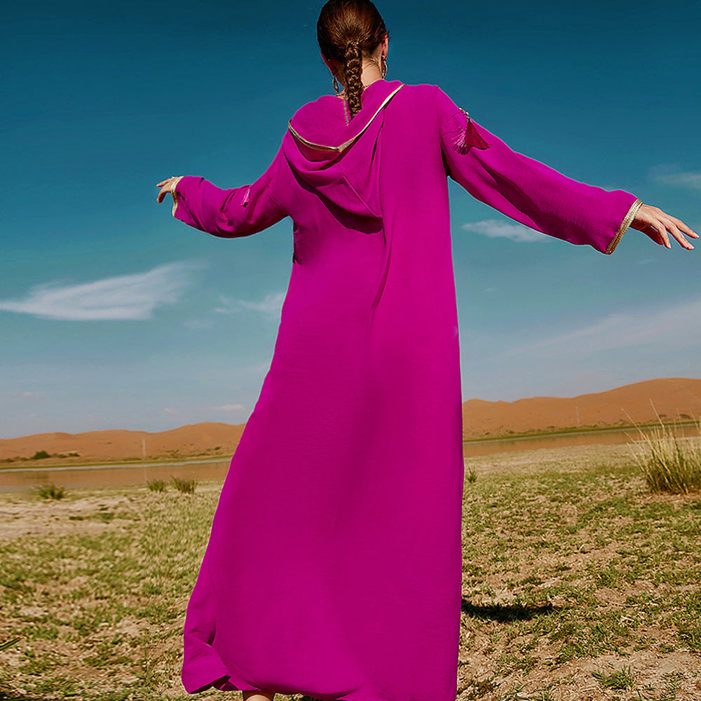 Vestido estilo Dubái marroquí de Oriente Medio con capucha de color rojo rosa para mujer