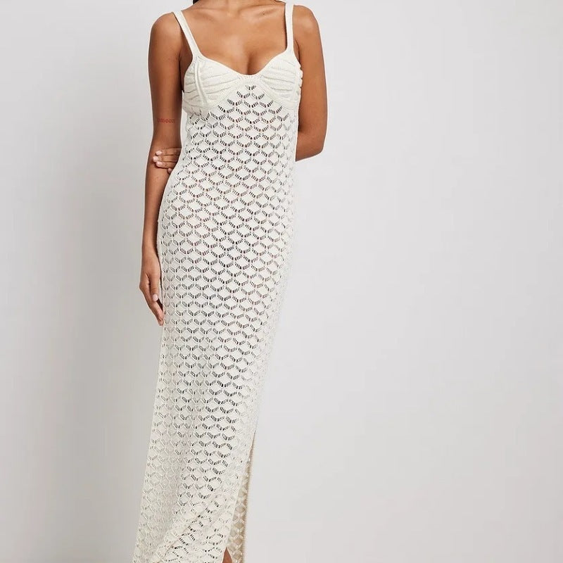 Women´s Style Knitted Long Backless Hollow Pattern Knitted Beach Dress