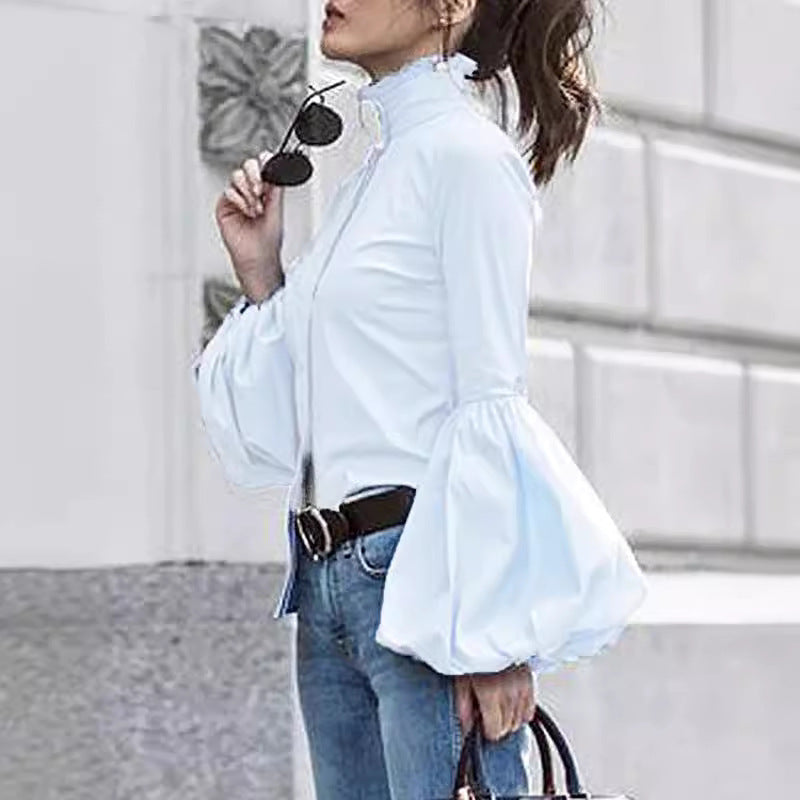 Stand Collar Puffy Sleeve Top Cardigan Long Sleeve Lapel Shirt